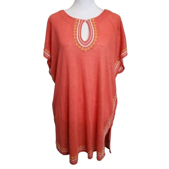 J Jill Womens Size Medium Love Linen Keyhole Coral Embroidered Trim Top - Picture 2 of 9